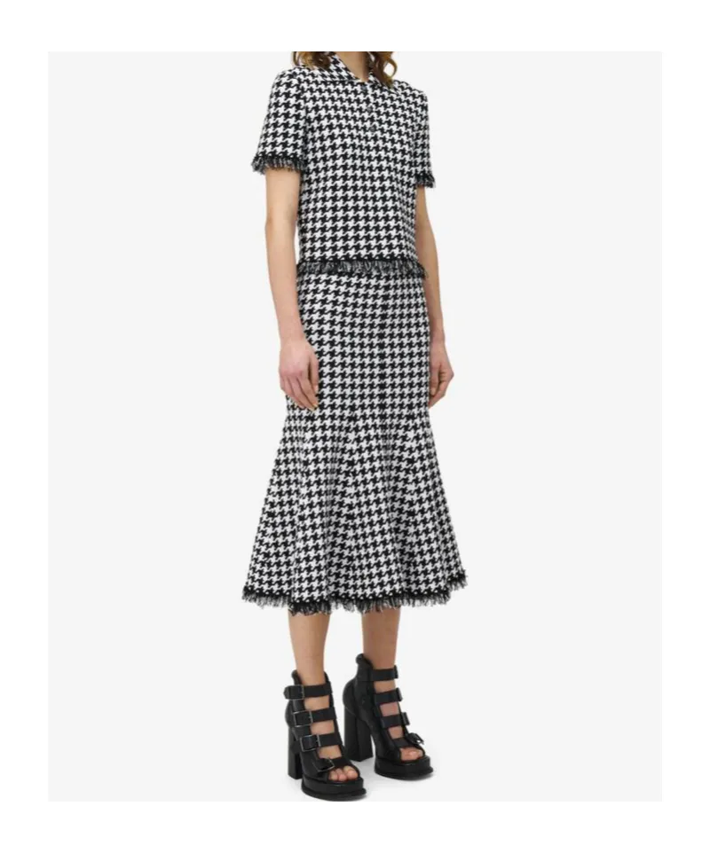 Houndstooth Frayed-Edge Midi Skirt