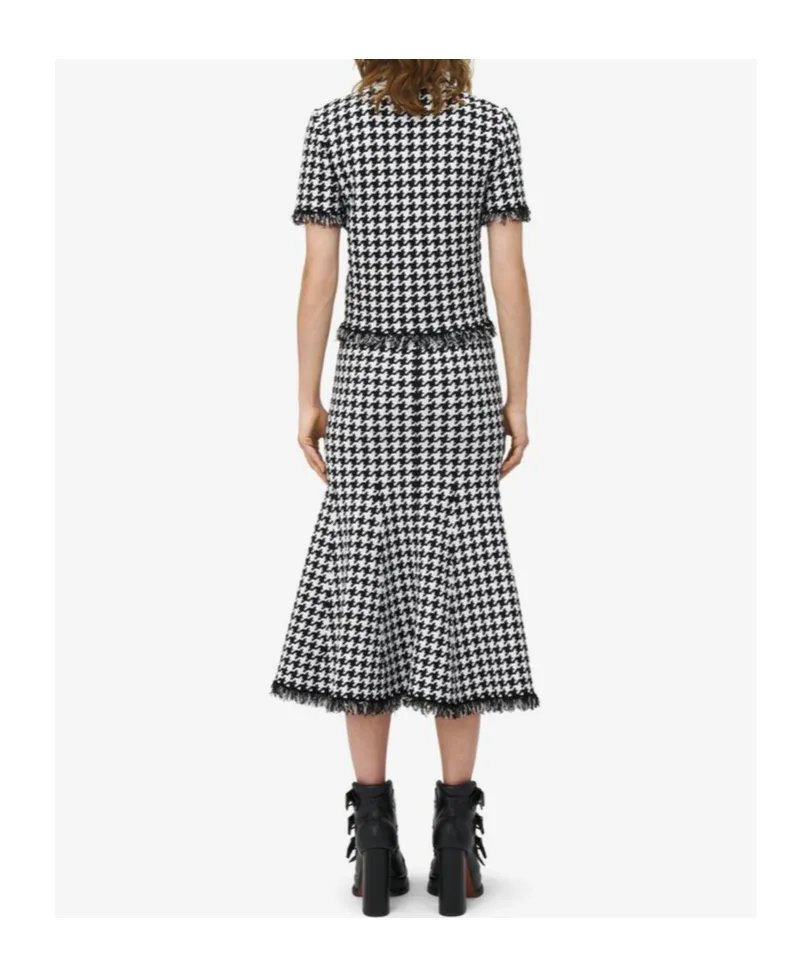 Houndstooth Frayed-Edge Midi Skirt