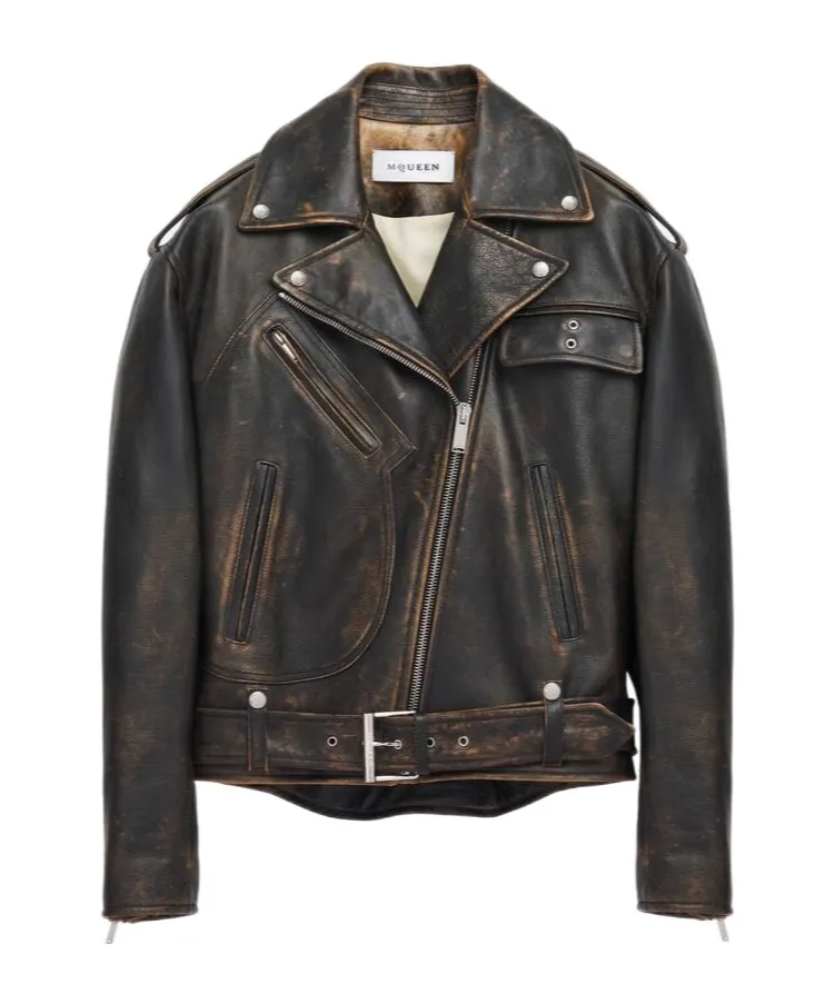 Oversized Distressed Leather Biker Jacket
