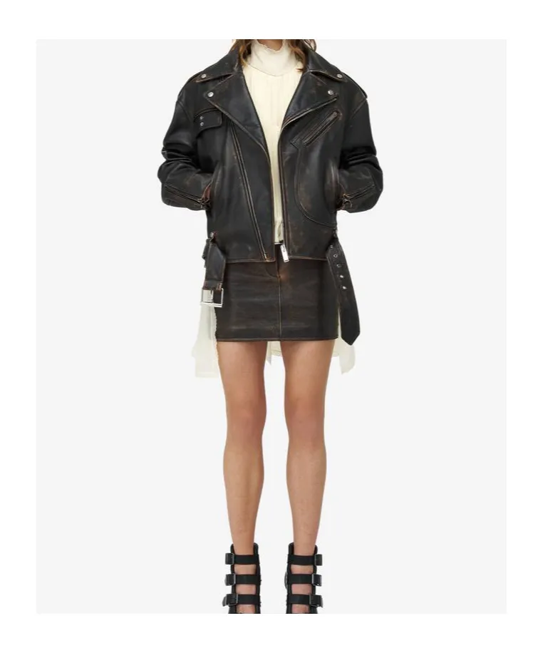 Oversized Distressed Leather Biker Jacket