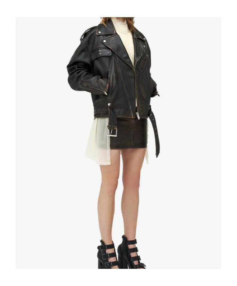 Oversized Distressed Leather Biker Jacket
