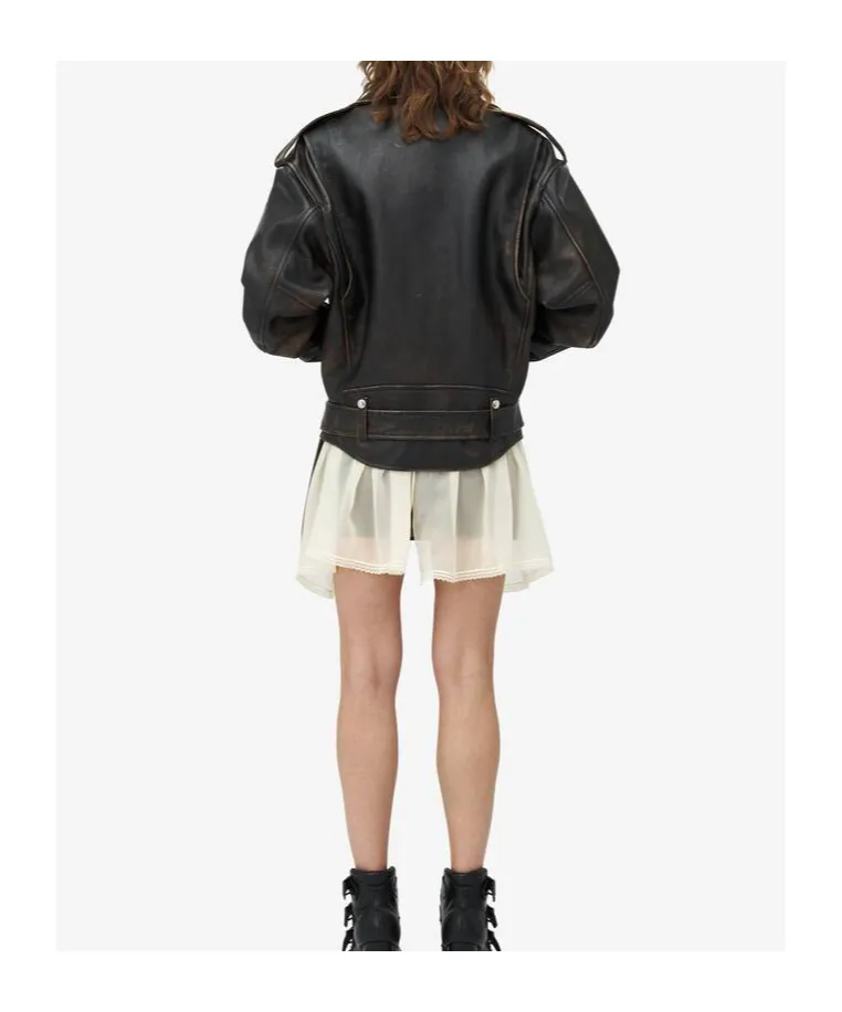 Oversized Distressed Leather Biker Jacket