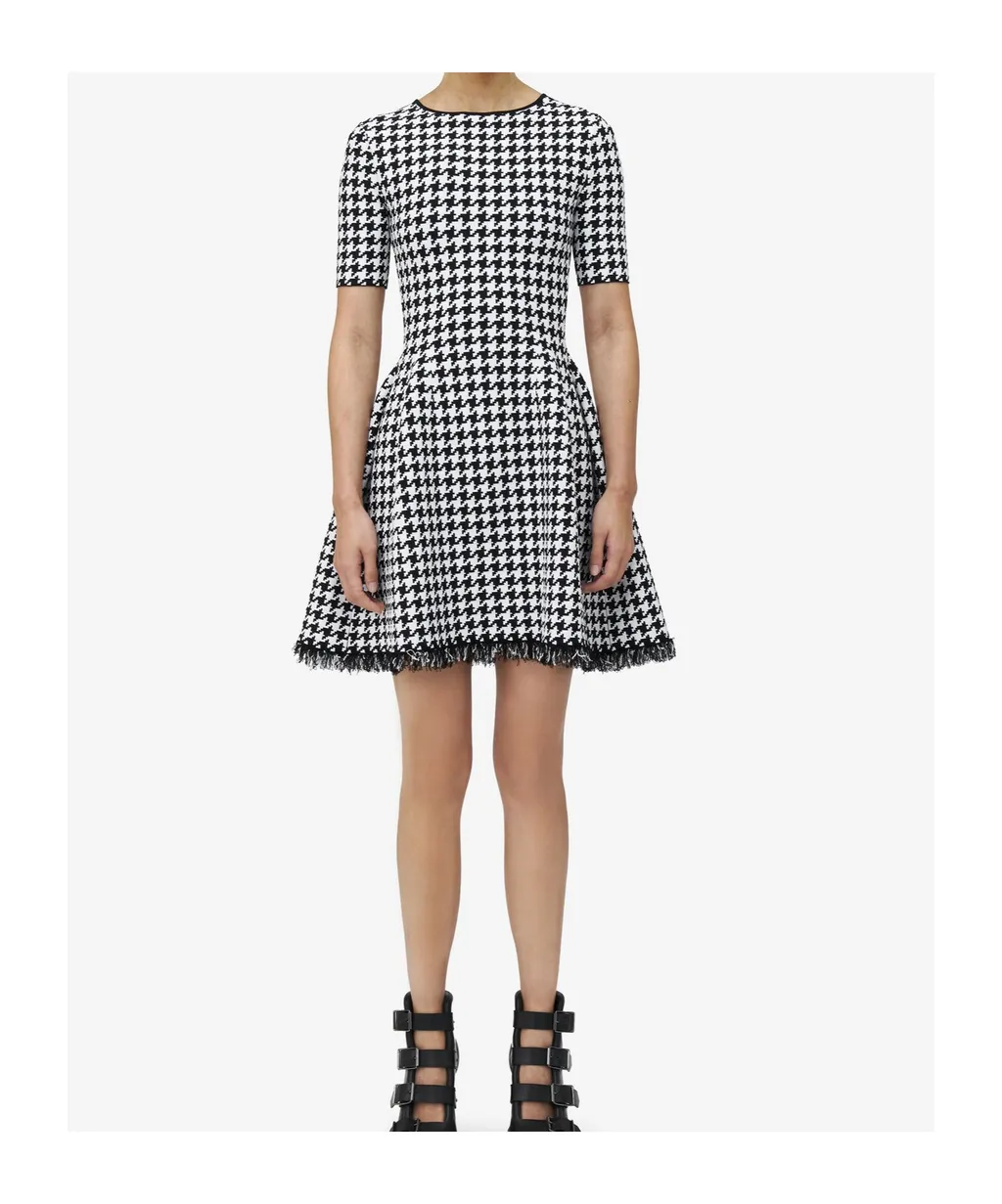 Houndstooth Frayed-Edge Mini Dress