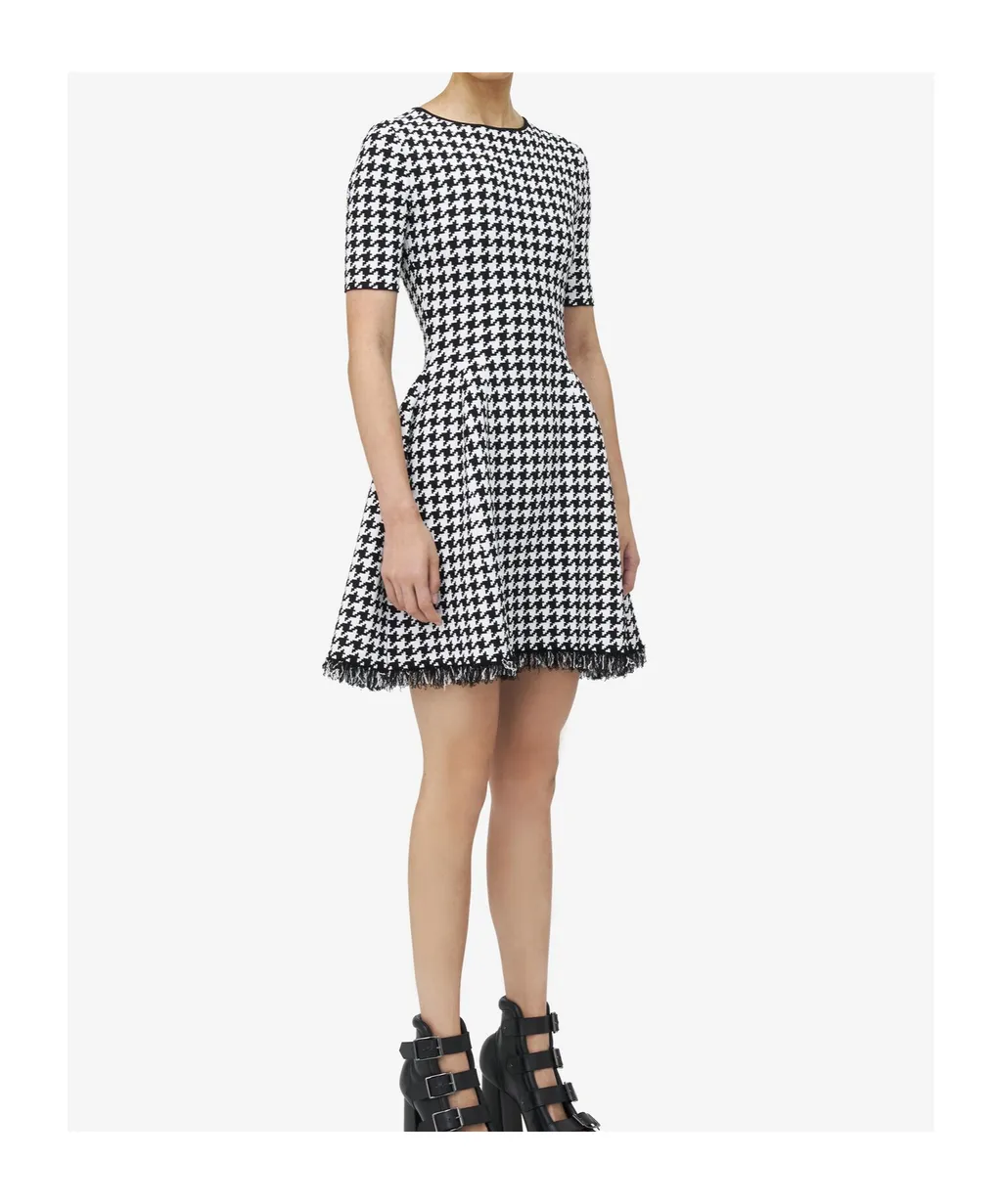Houndstooth Frayed-Edge Mini Dress