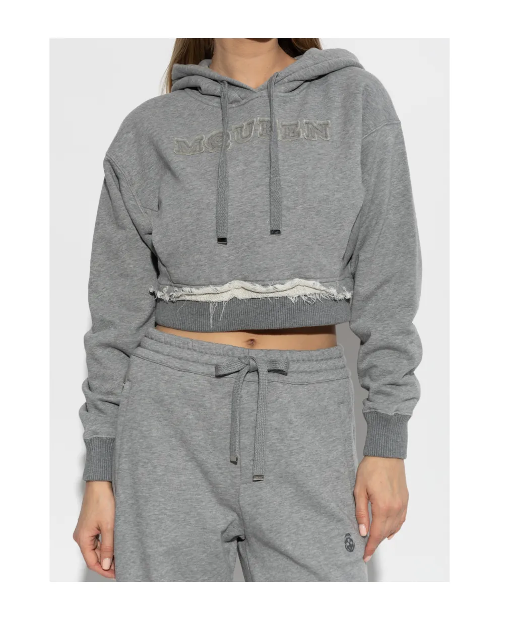 Drawstring Distressed Cropped Hoodie