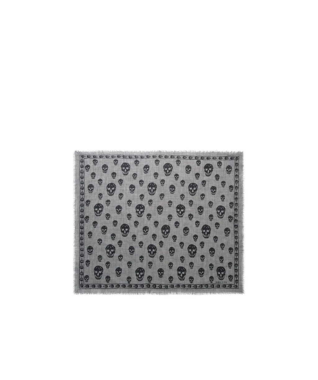Houndstooth Skull Printed Frayed-Edge Scarf