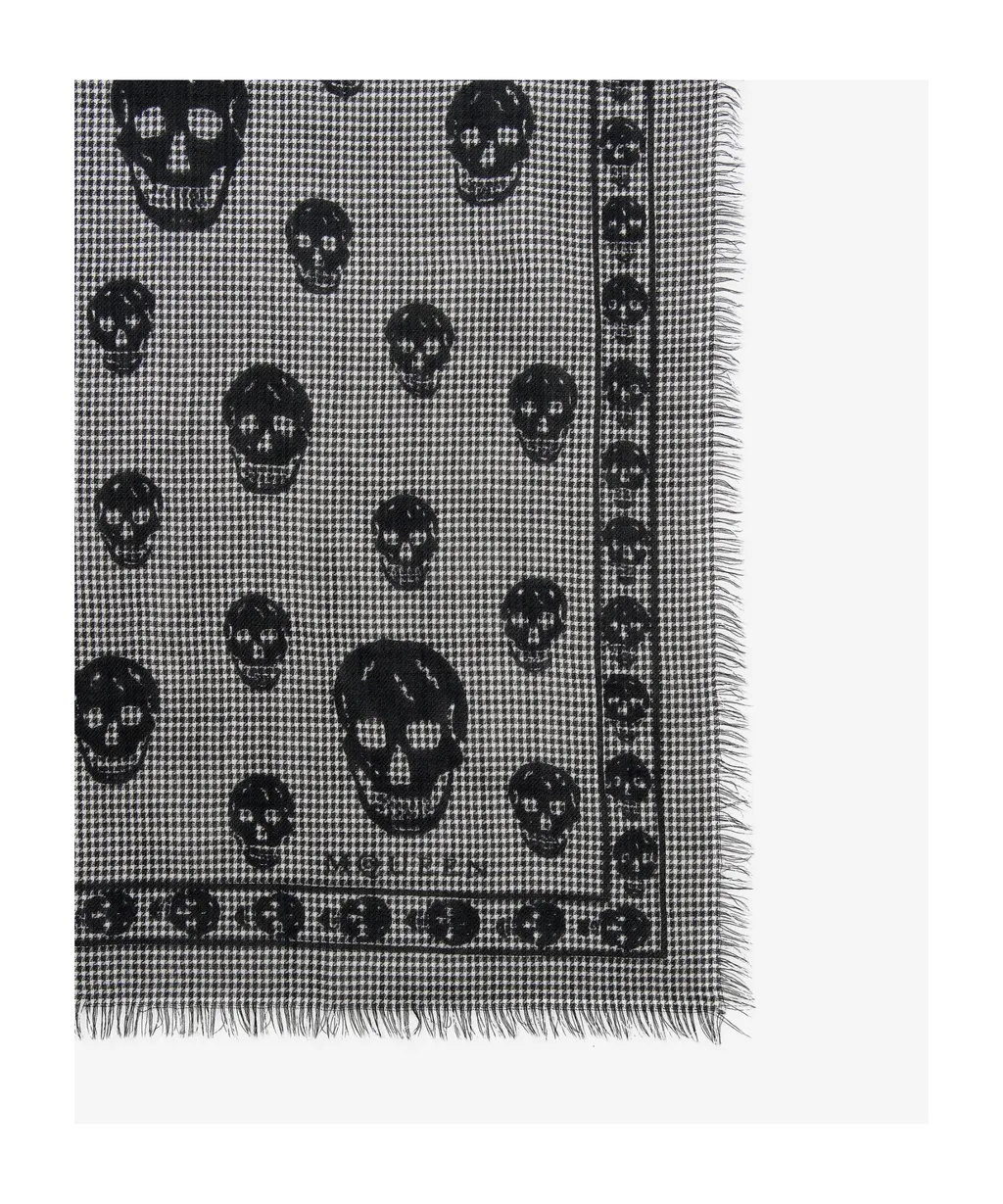 Houndstooth Skull Printed Frayed-Edge Scarf
