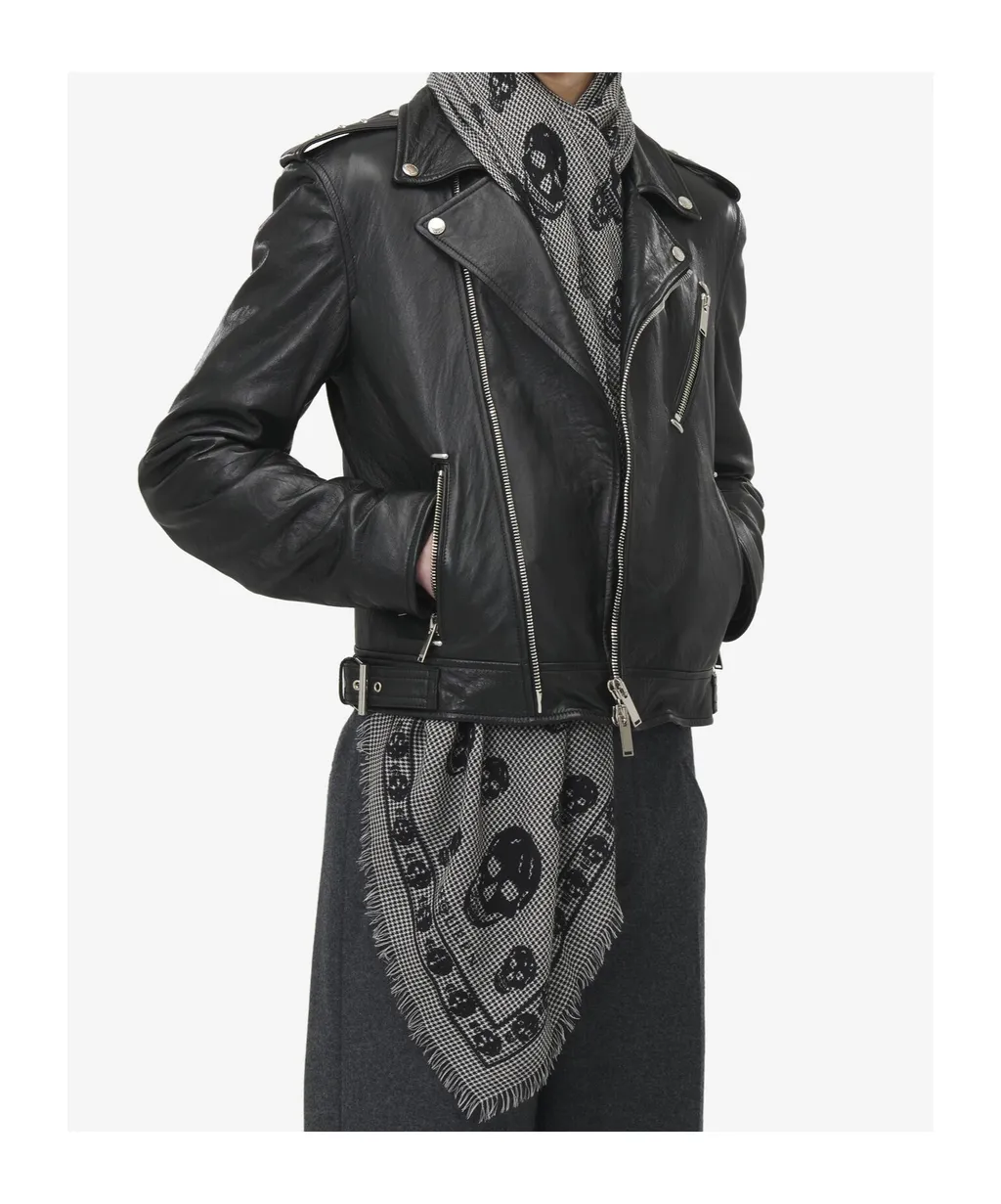 Houndstooth Skull Printed Frayed-Edge Scarf