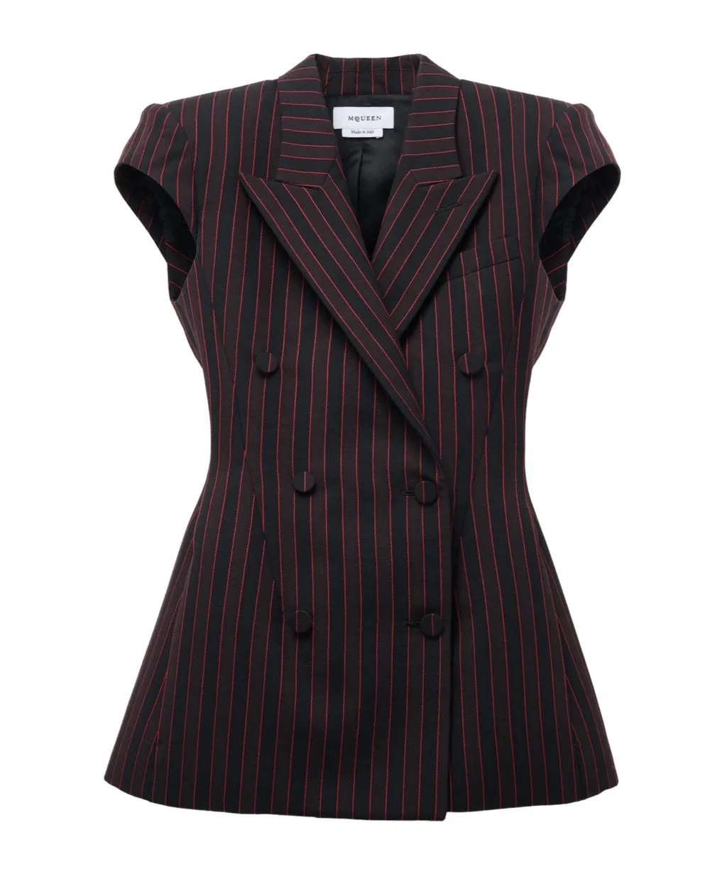Double Breasted Pinstripe Sleeveless Jacket
