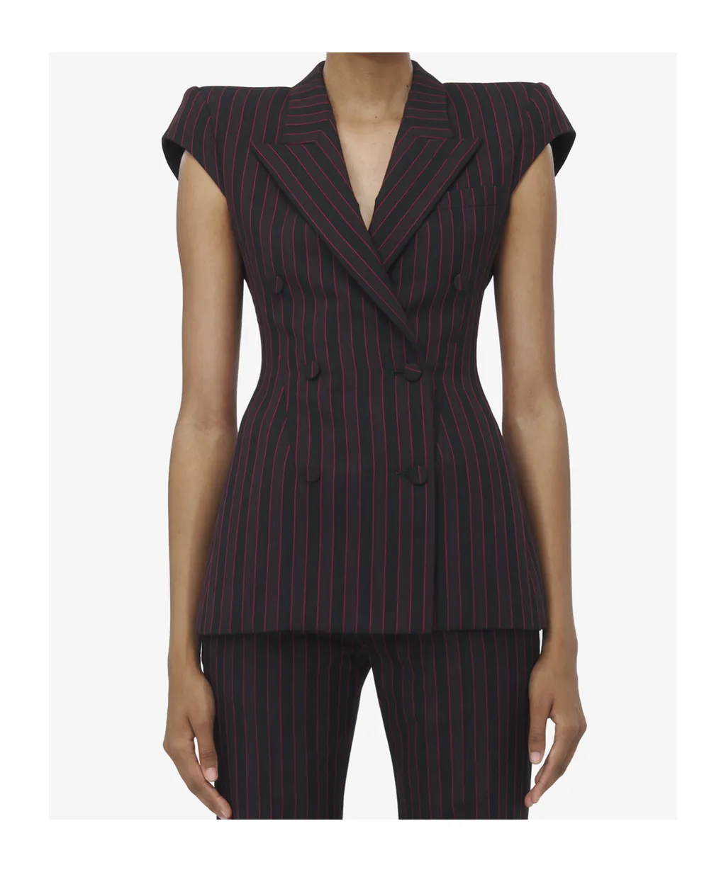 Double Breasted Pinstripe Sleeveless Jacket