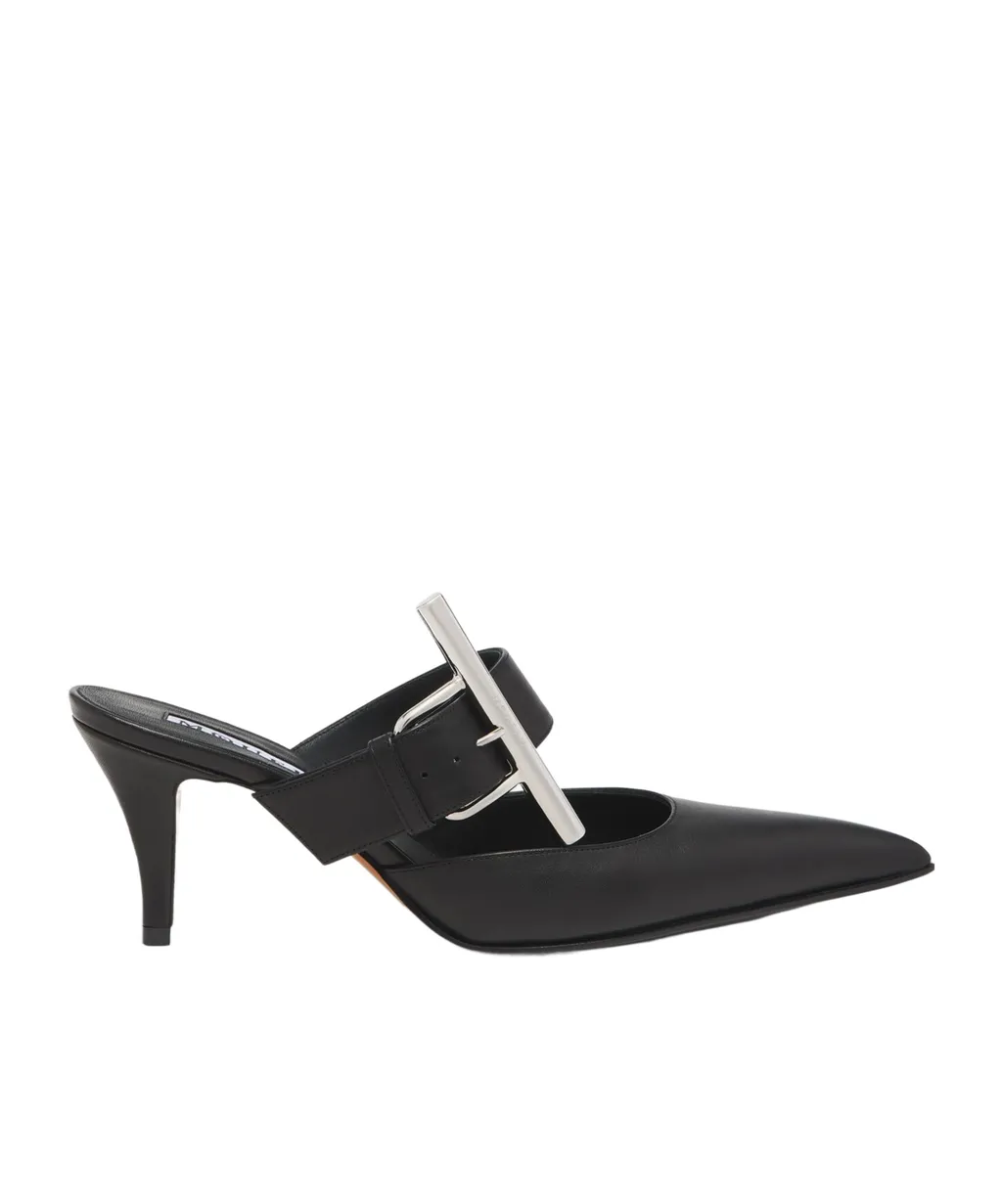Birdee Cross-Bar Buckle Pointed-Toe Mules