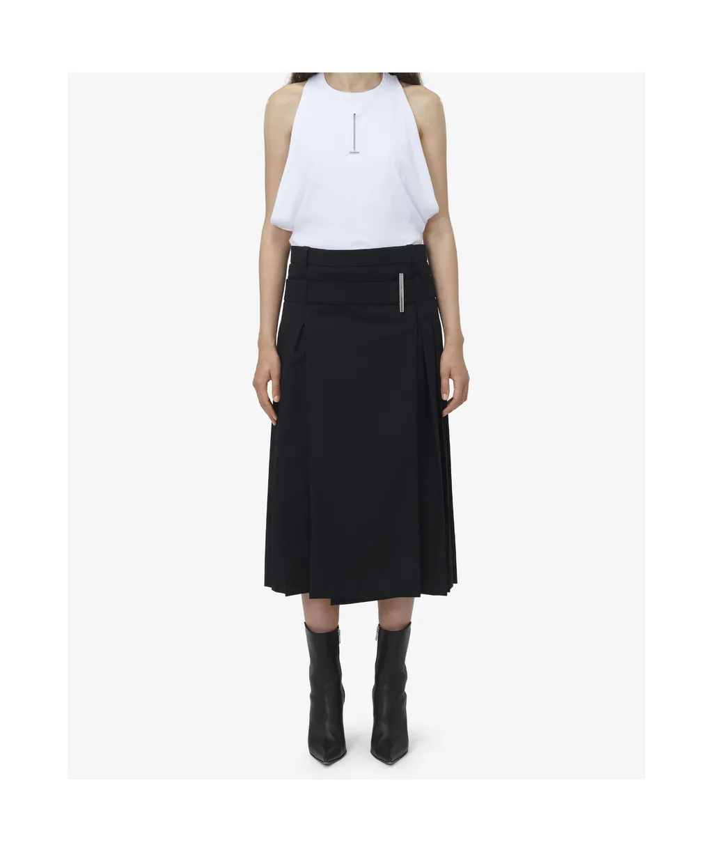 Belted Waist Pleated Midi Skirt
