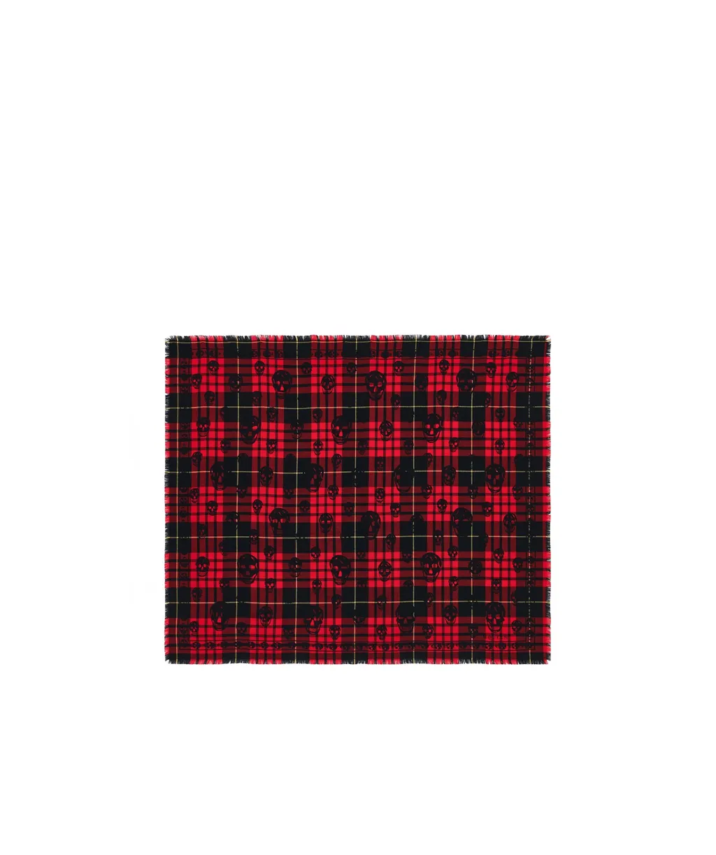 Tartan Skull Frayed-Edge Scarf