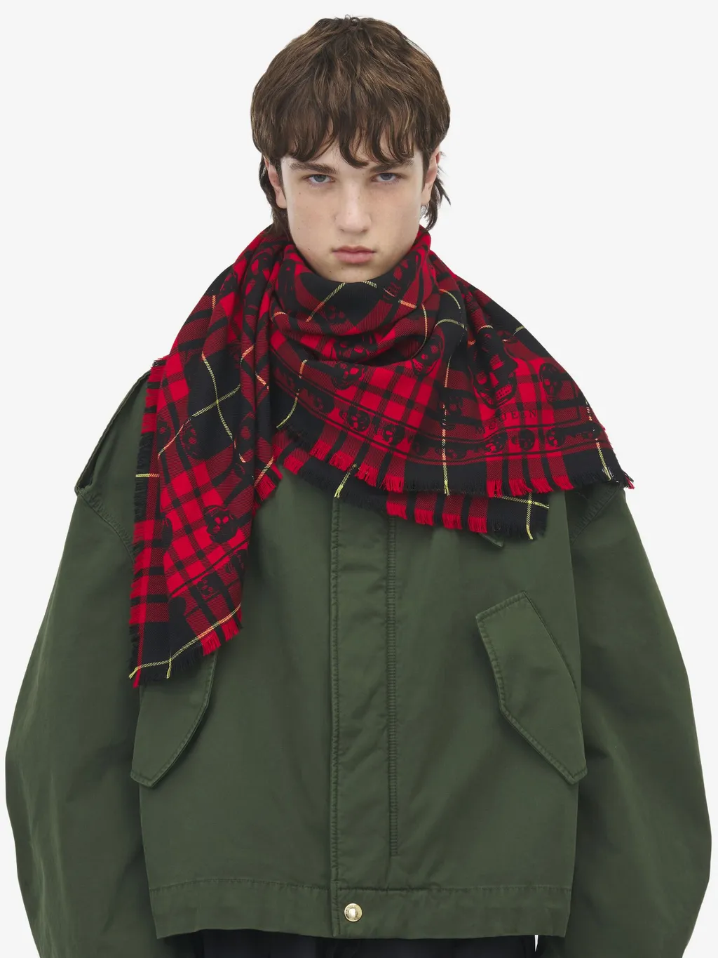 Tartan Skull Frayed-Edge Scarf