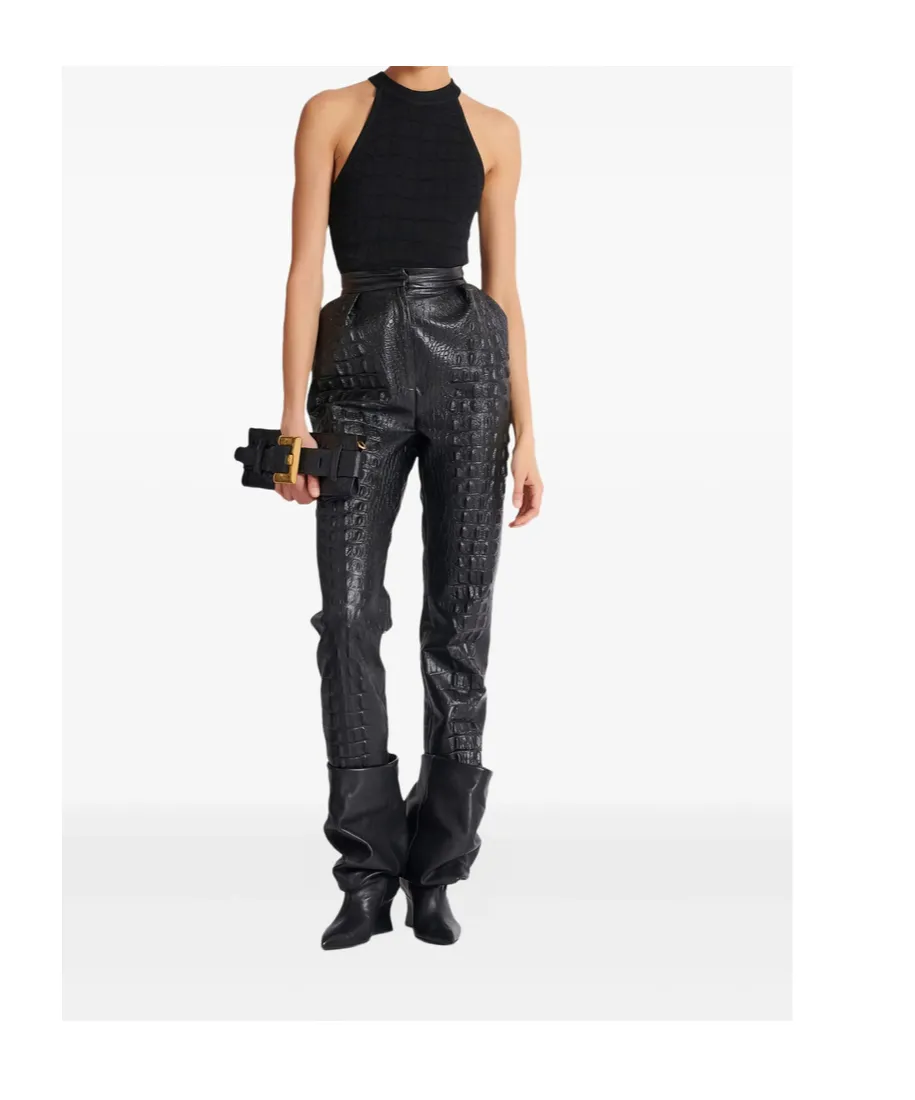 Crocodile-Effect Embossed High-Waisted Trousers