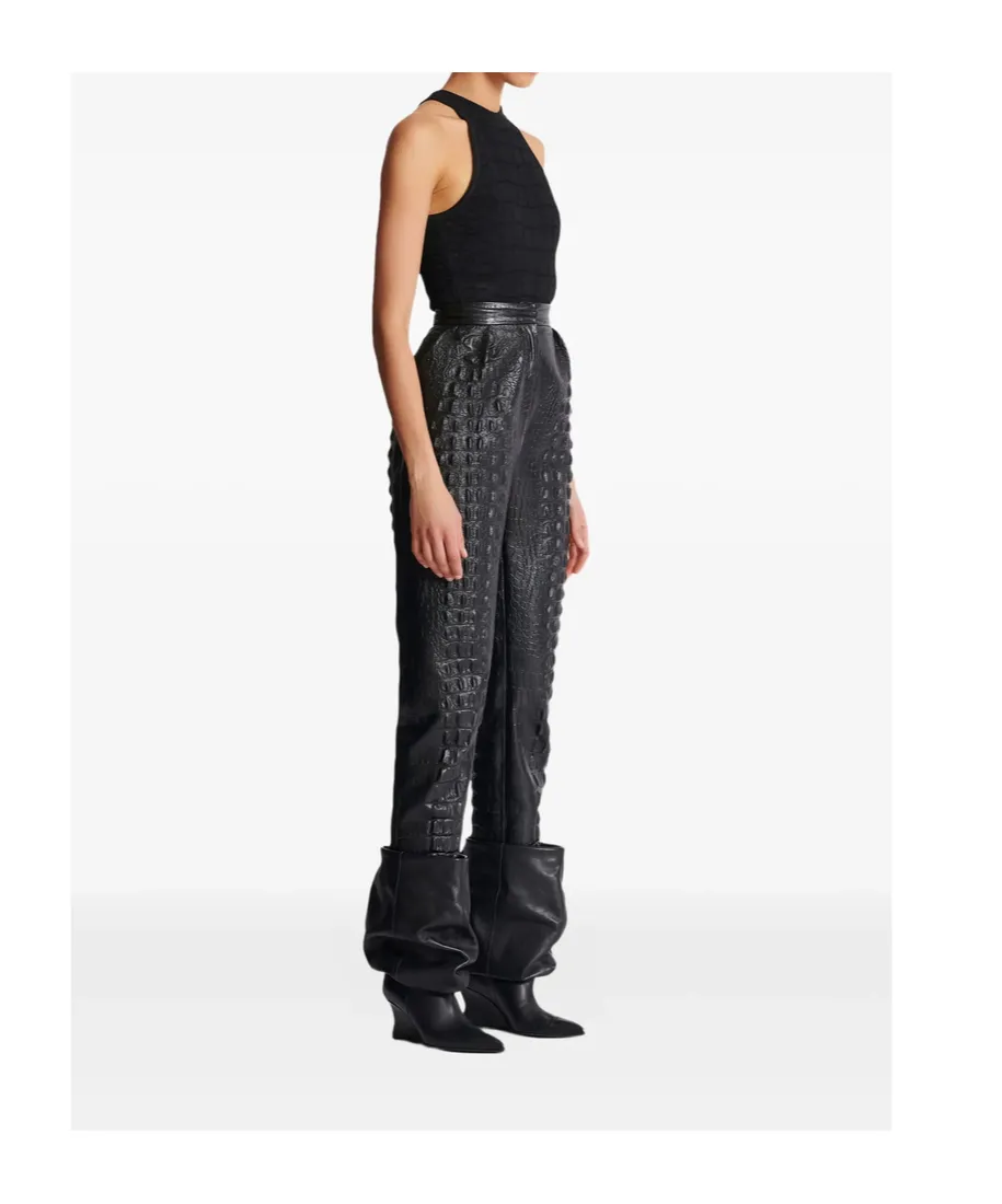 Crocodile-Effect Embossed High-Waisted Trousers