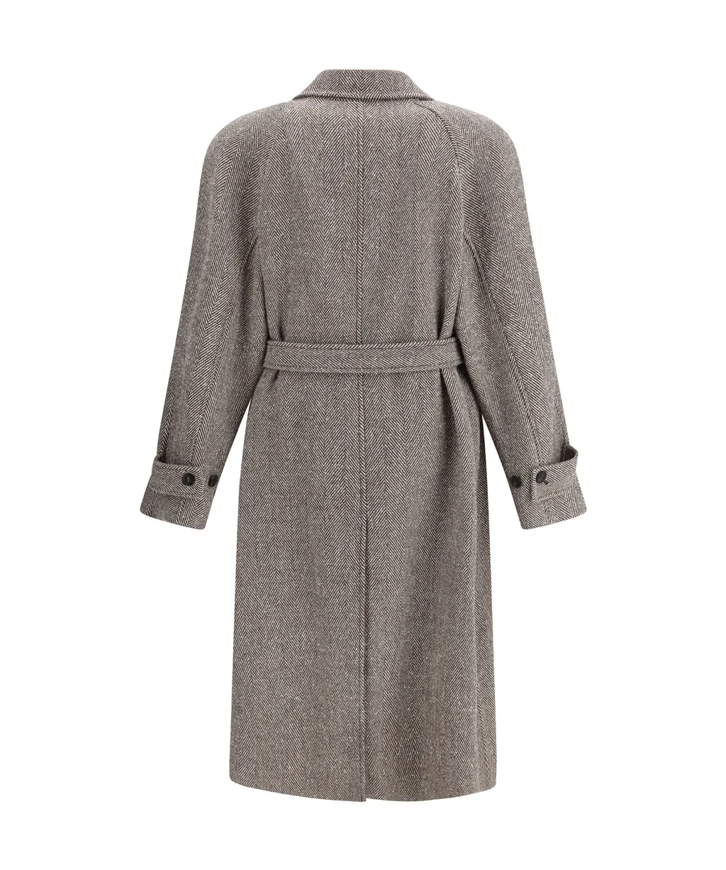 Herringbone Patterned Belted Coat