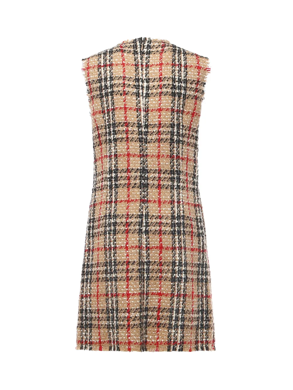 Checked Frayed-Trim Sleeveless Tweed Dress