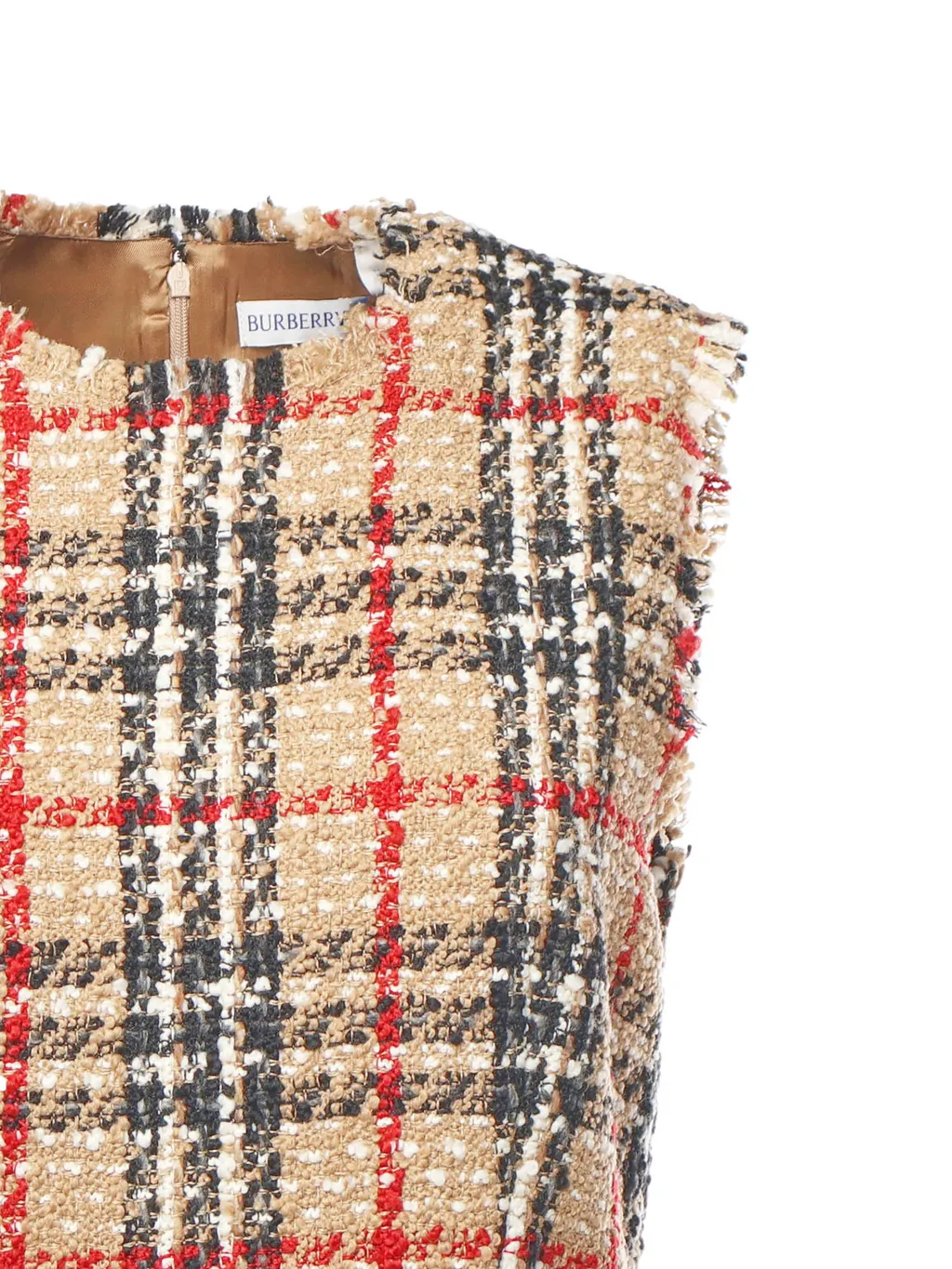 Checked Frayed-Trim Sleeveless Tweed Dress