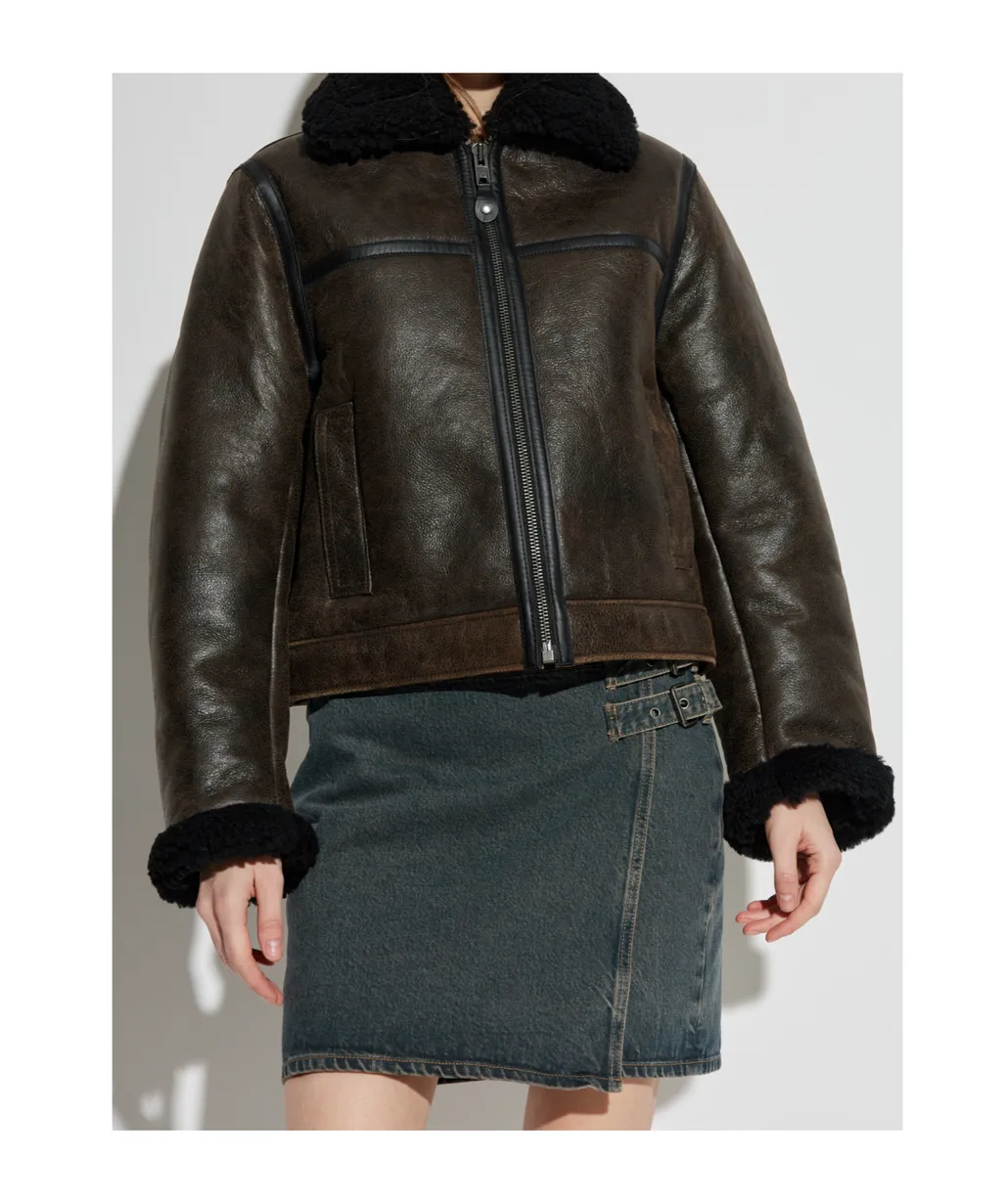 Zippered Long-Sleeved Leather Jacket