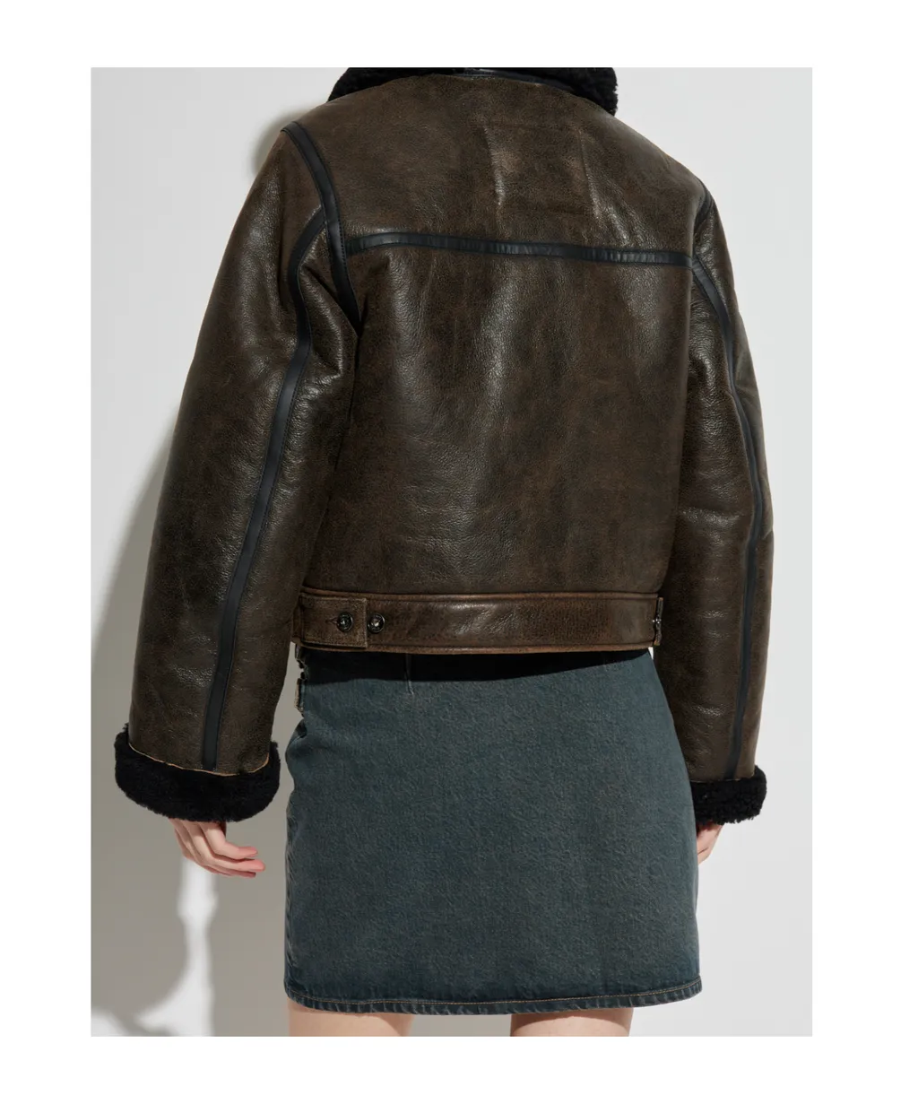 Zippered Long-Sleeved Leather Jacket