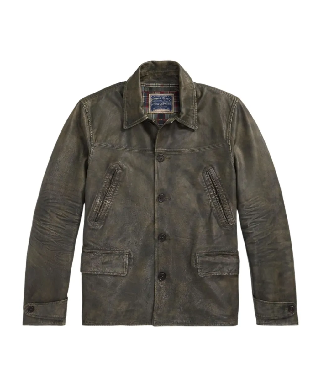 Distressed Leather Button-Up Jacket