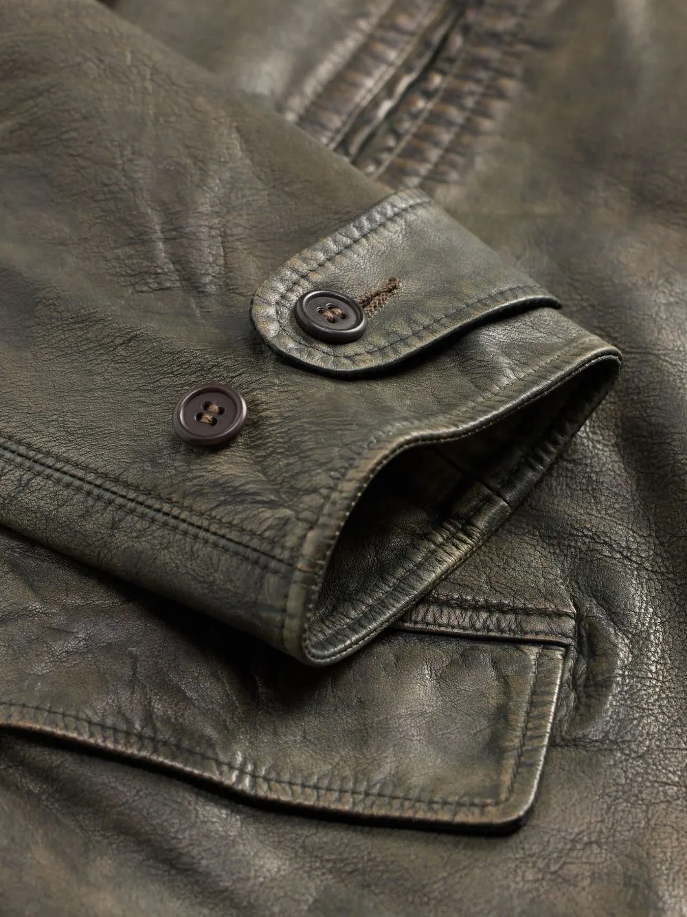 Distressed Leather Button-Up Jacket