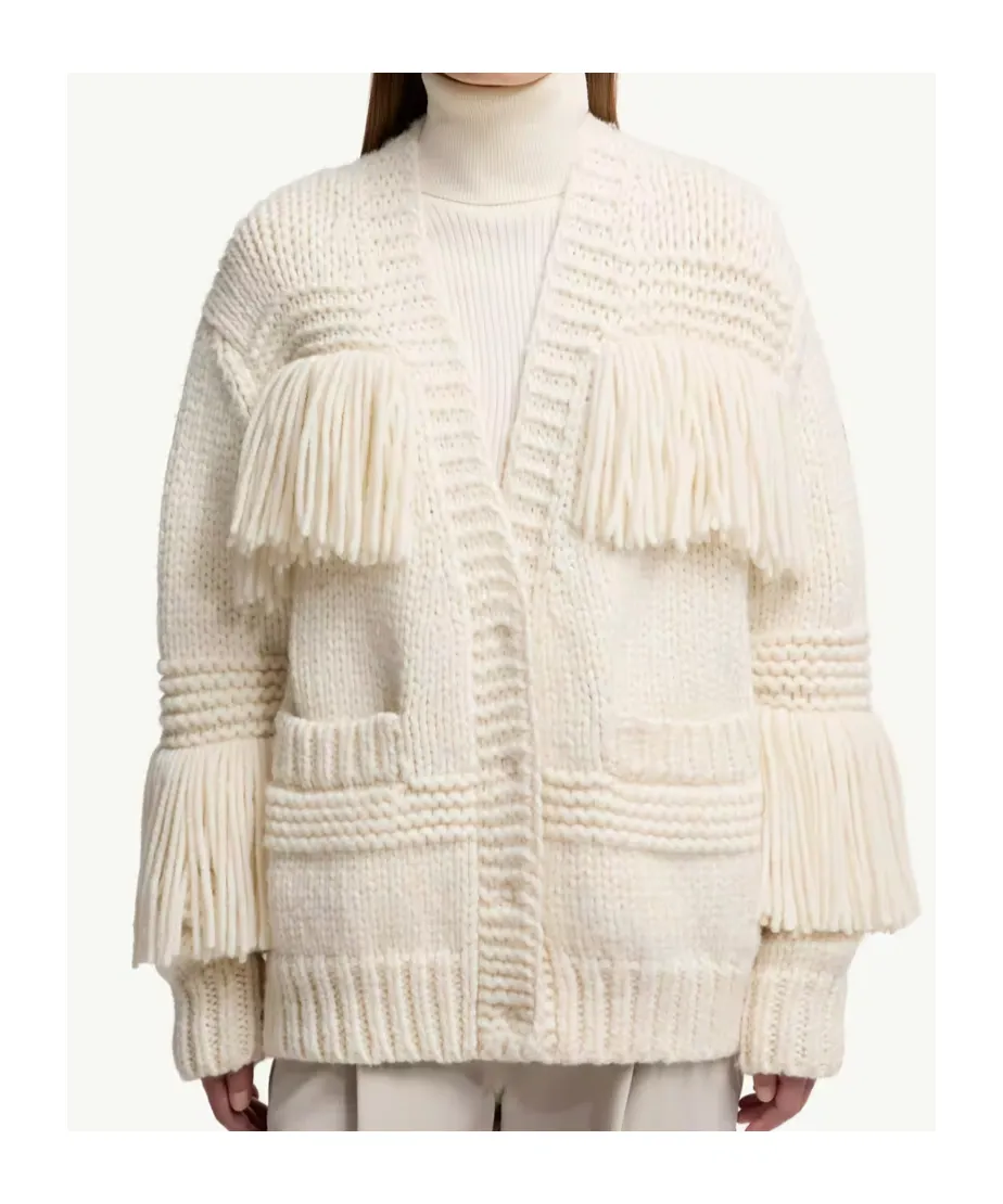 Fringe-Trim Wool Blend V-Neck Cardigan