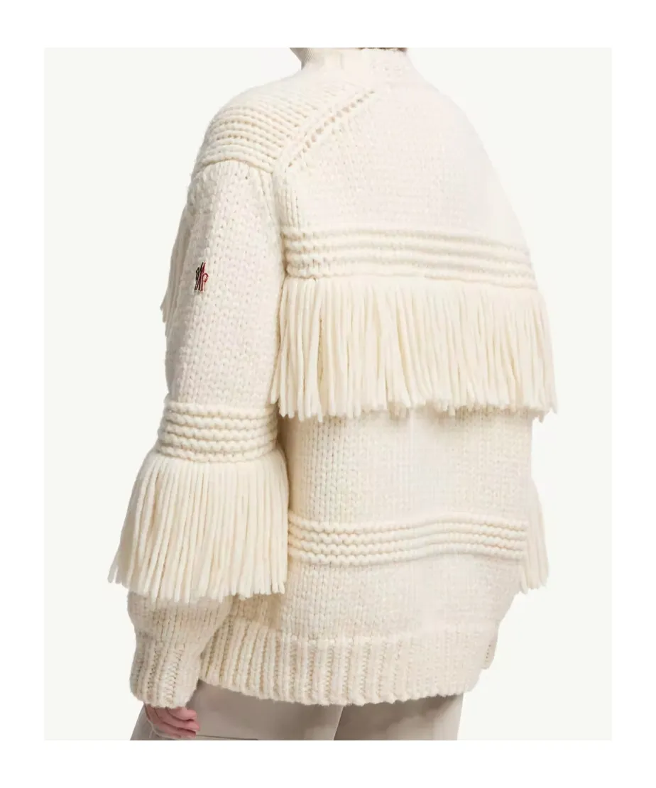 Fringe-Trim Wool Blend V-Neck Cardigan