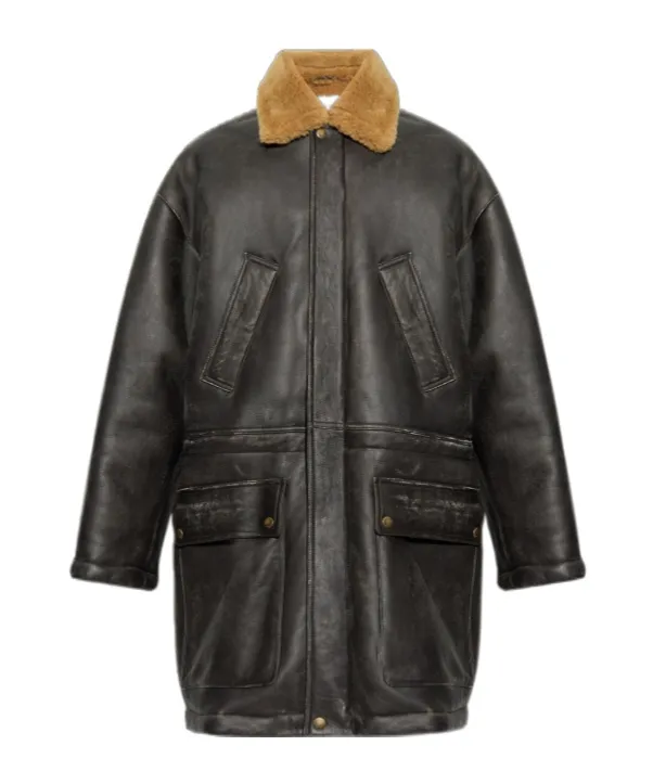 Shearling Collar Leather Coat