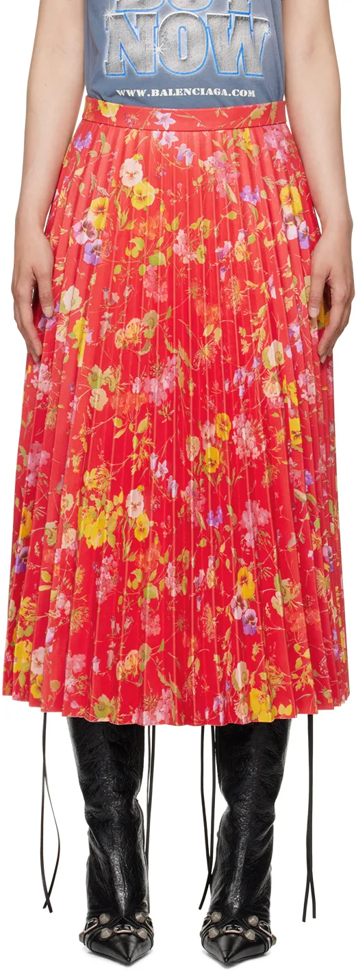 Floral-Print Pleather Leather Skirt