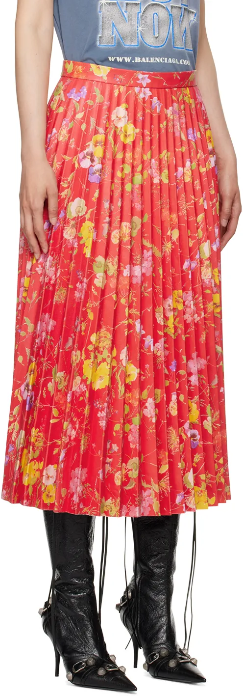 Floral-Print Pleather Leather Skirt