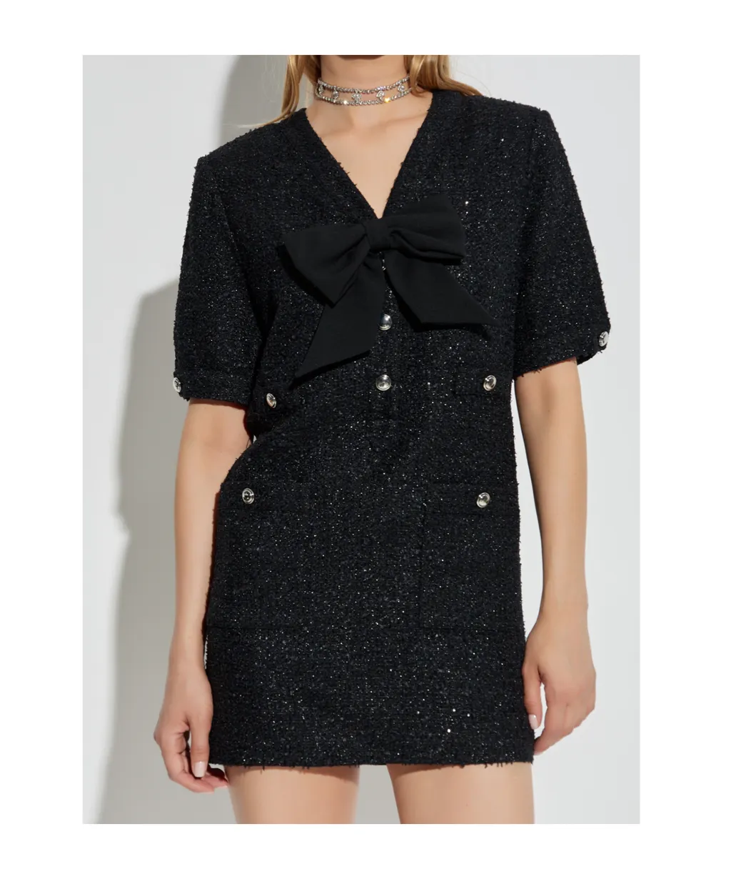 Bow Detailed Mini Tweed Dress