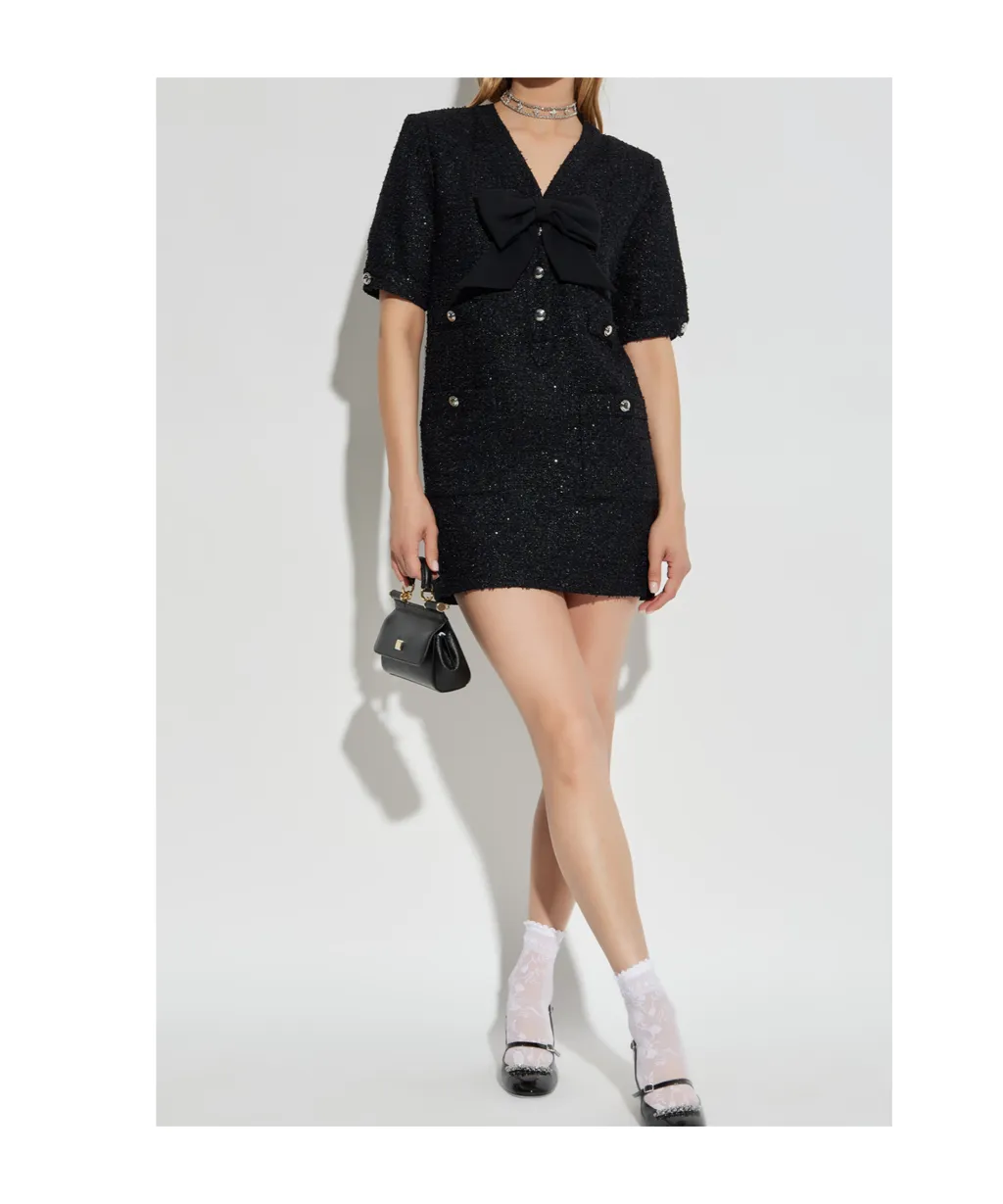 Bow Detailed Mini Tweed Dress