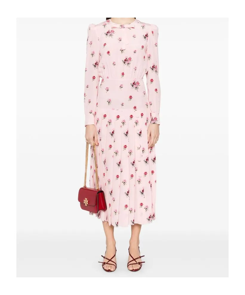 Rose-Print Pleat-Detailing Midi Dress