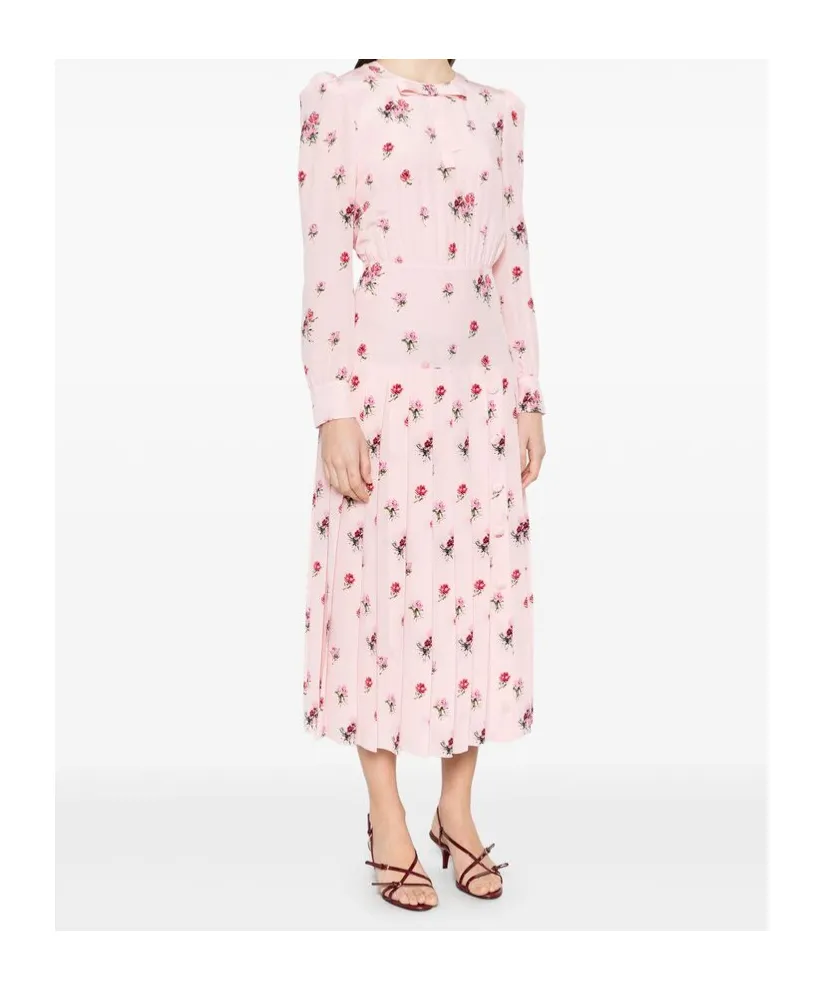 Rose-Print Pleat-Detailing Midi Dress