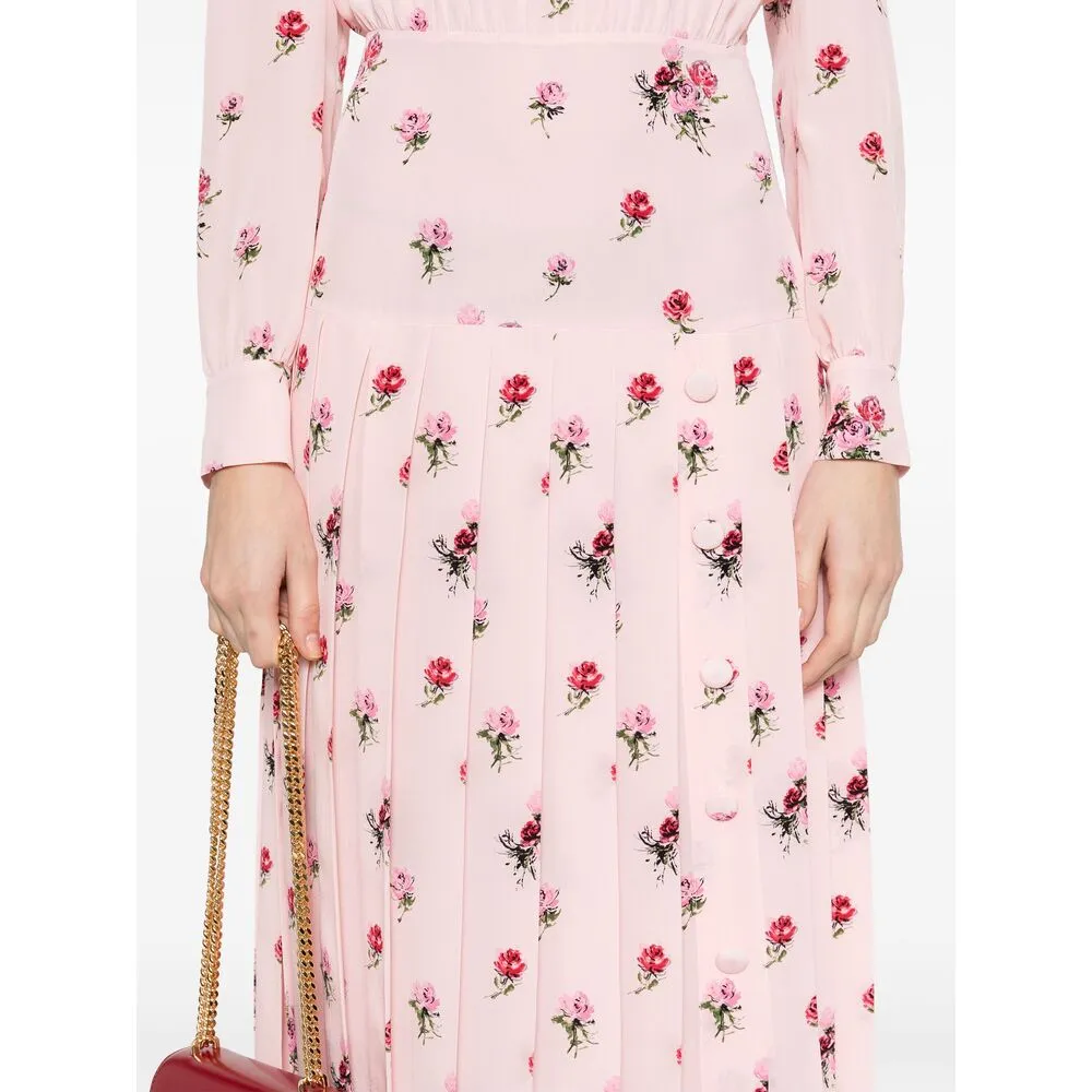 Rose-Print Pleat-Detailing Midi Dress
