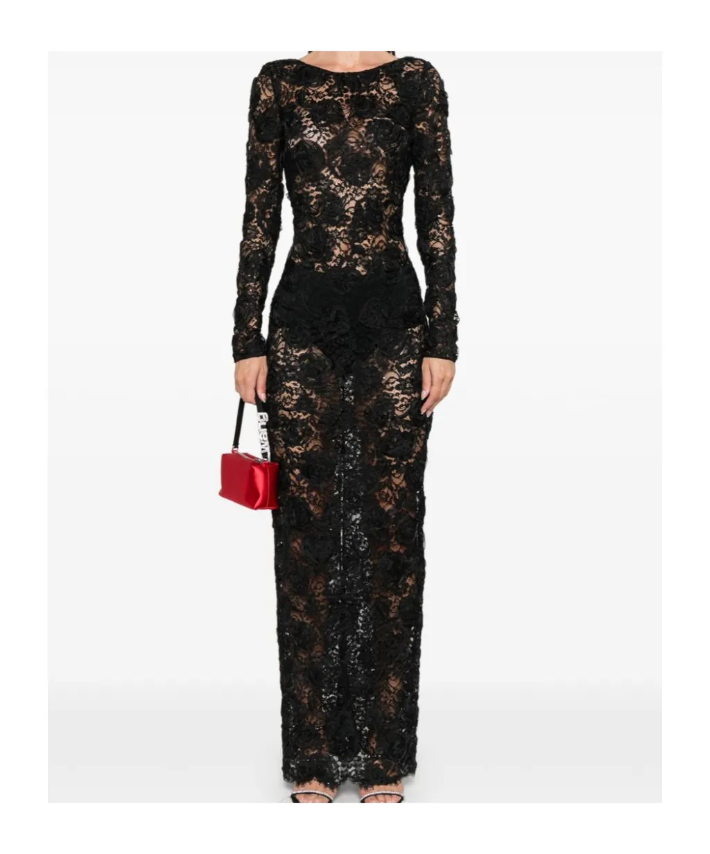 Sequin-Embellished Floral-Appliqué Maxi Dress
