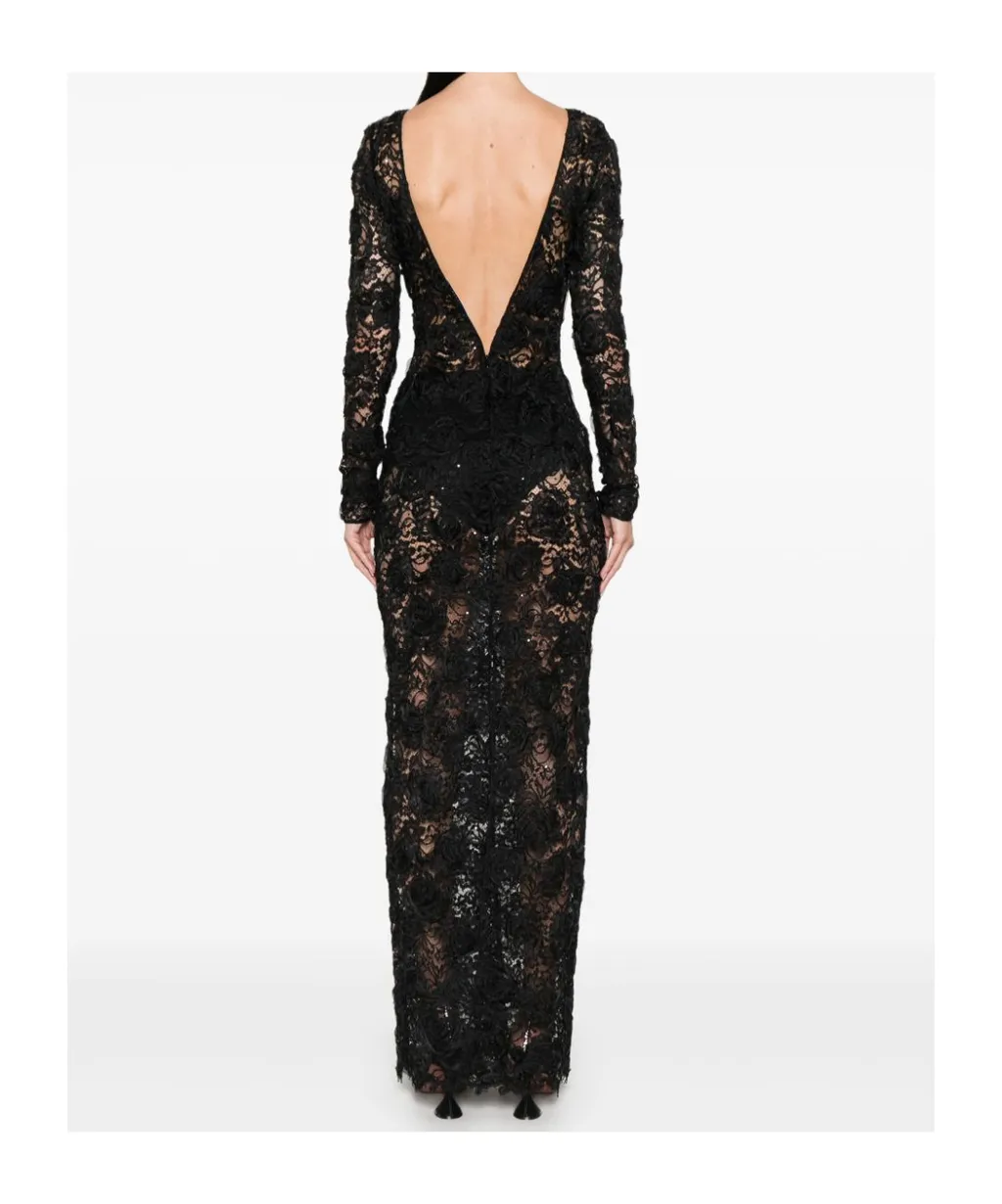 Sequin-Embellished Floral-Appliqué Maxi Dress