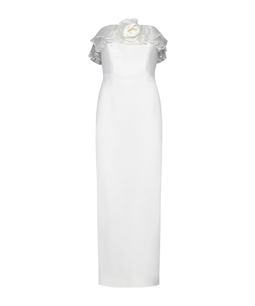 Floral-Appliqué Ruffled Cady Gown