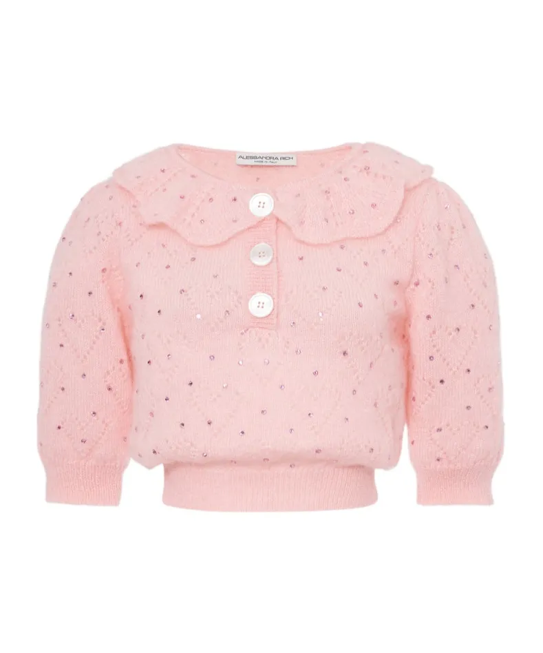 Embellished Short Puff Sleeved Knitted Top