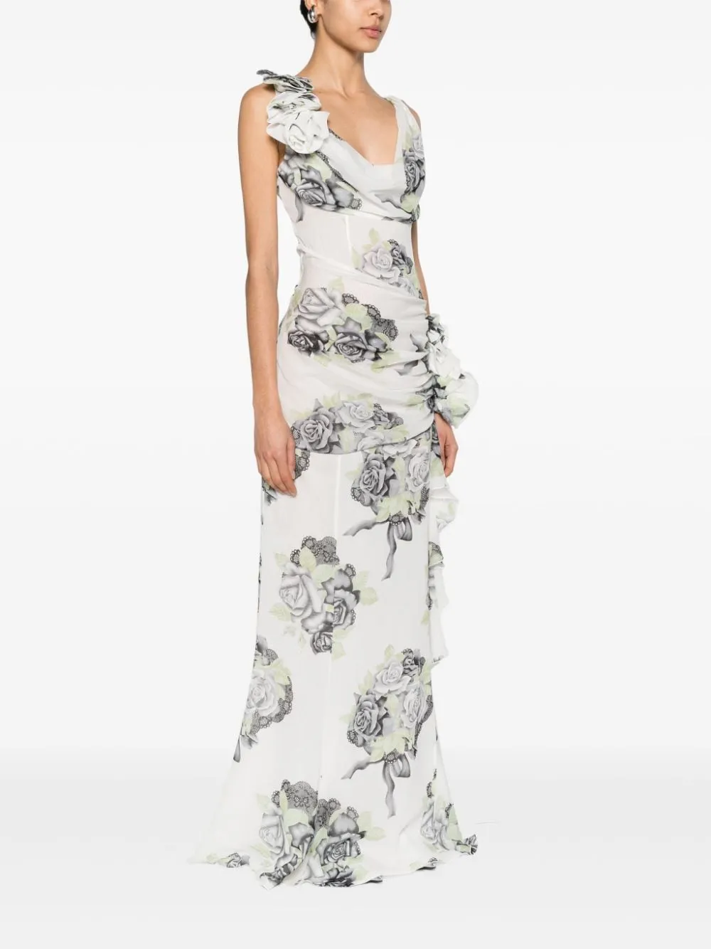 Rose-Print Silk Gown