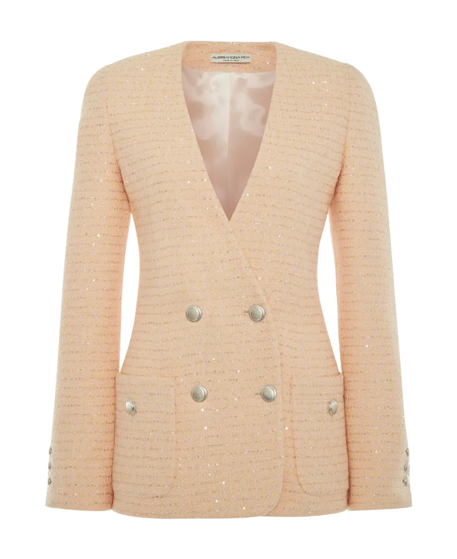Double Breasted V-Neck Tweed Jacket