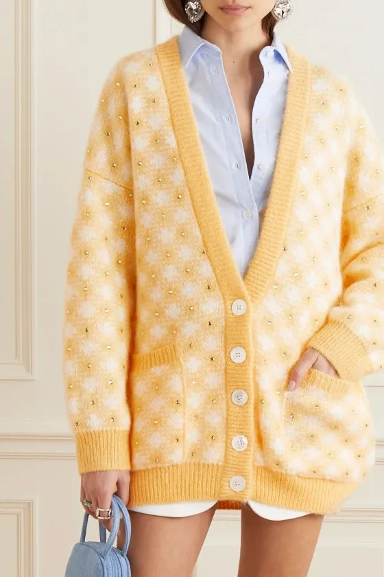 Stud-Detail Check-Pattern Cardigan