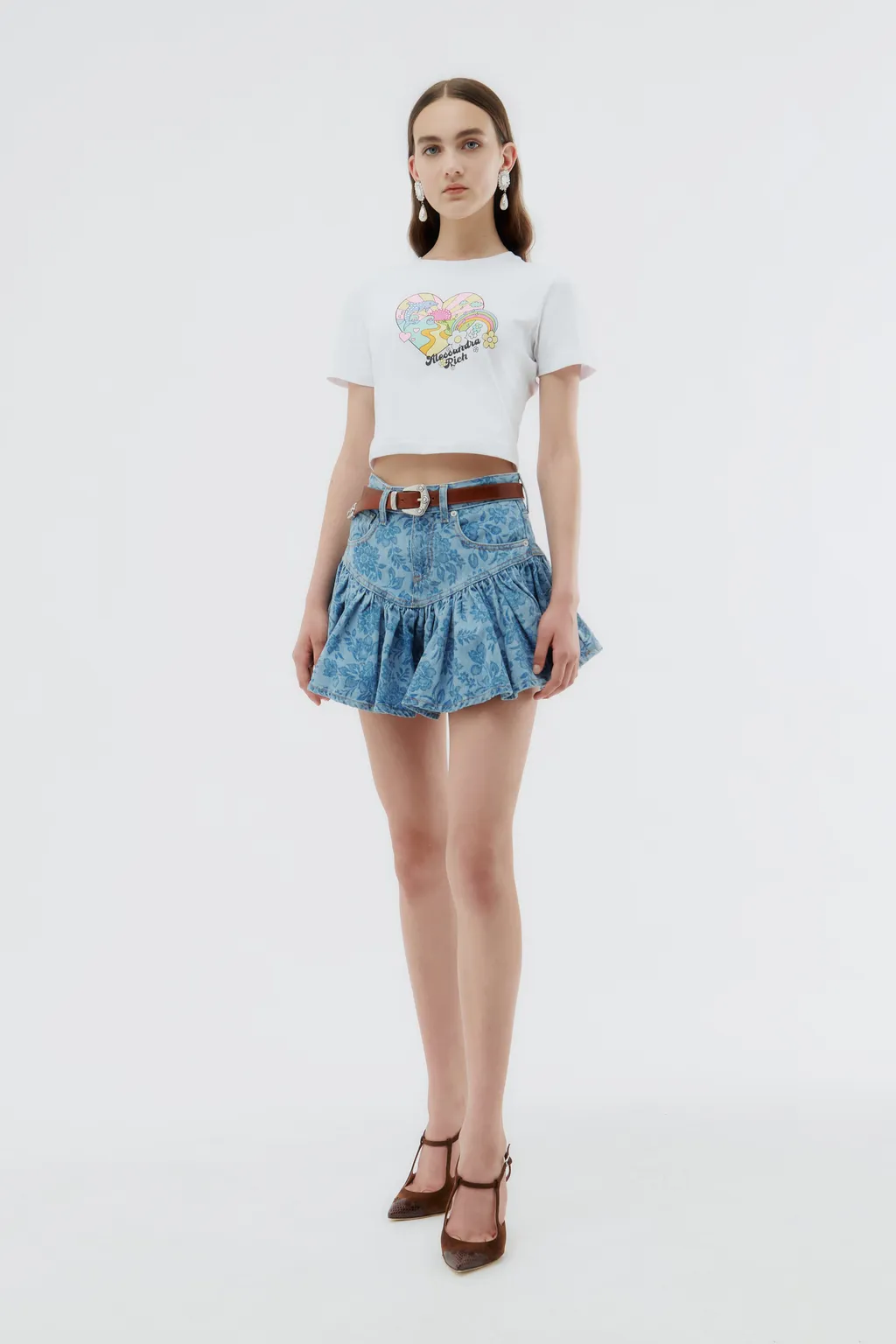 Floral-Print Denim Mini Skirt