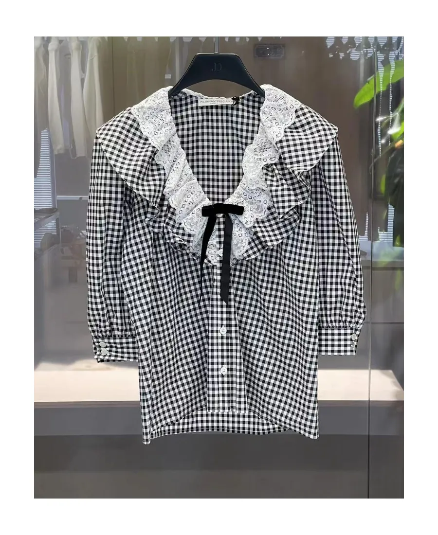 Check-Print Ruffle-Collar Shirt