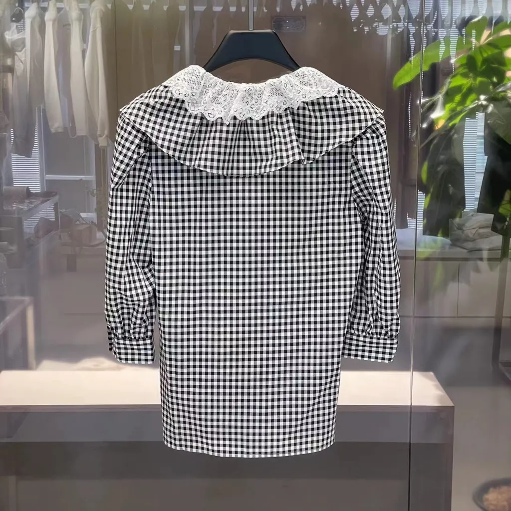Check-Print Ruffle-Collar Shirt