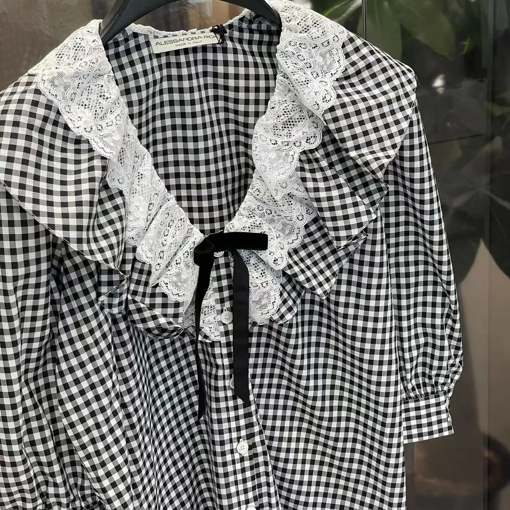 Check-Print Ruffle-Collar Shirt