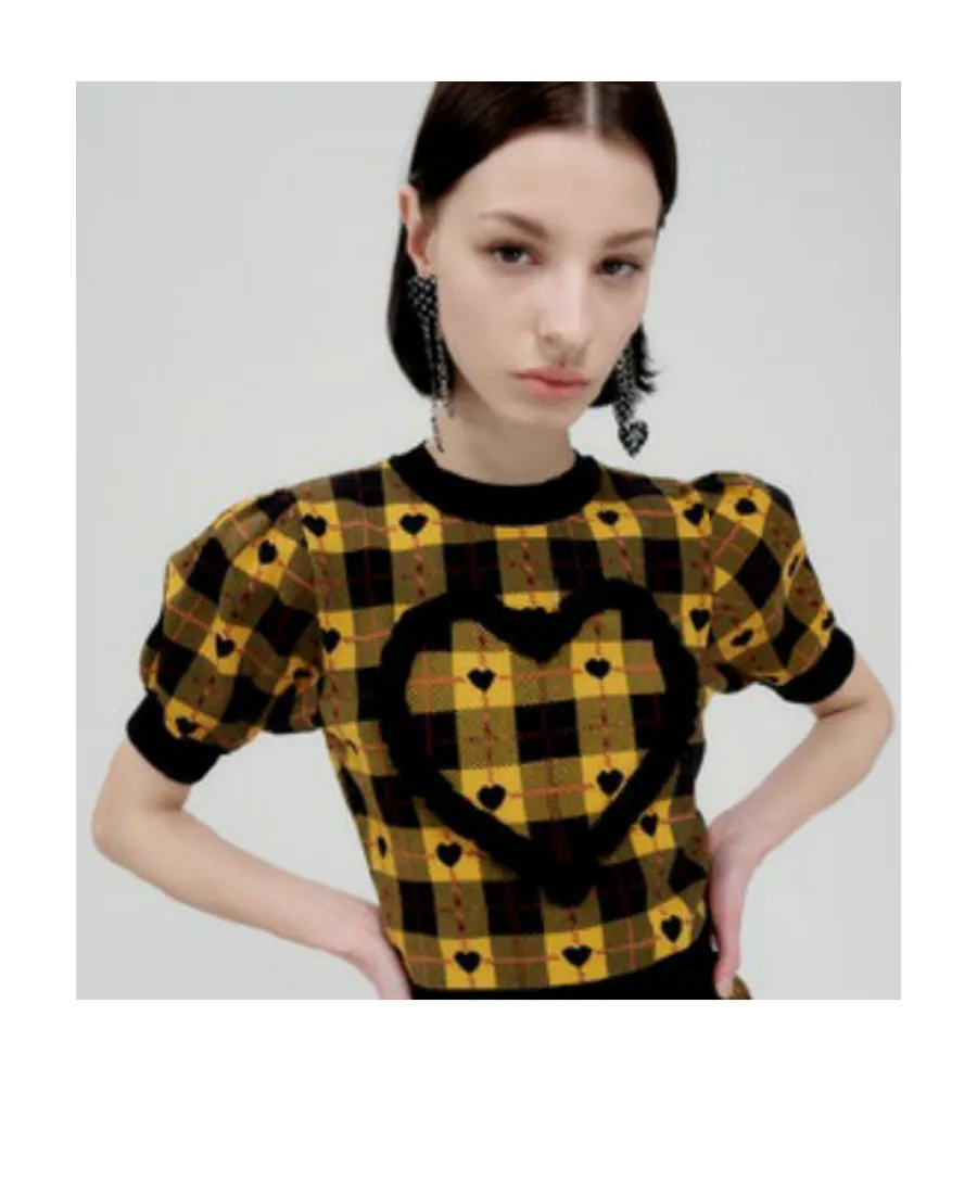 Heart Plaid Print Knit Top
