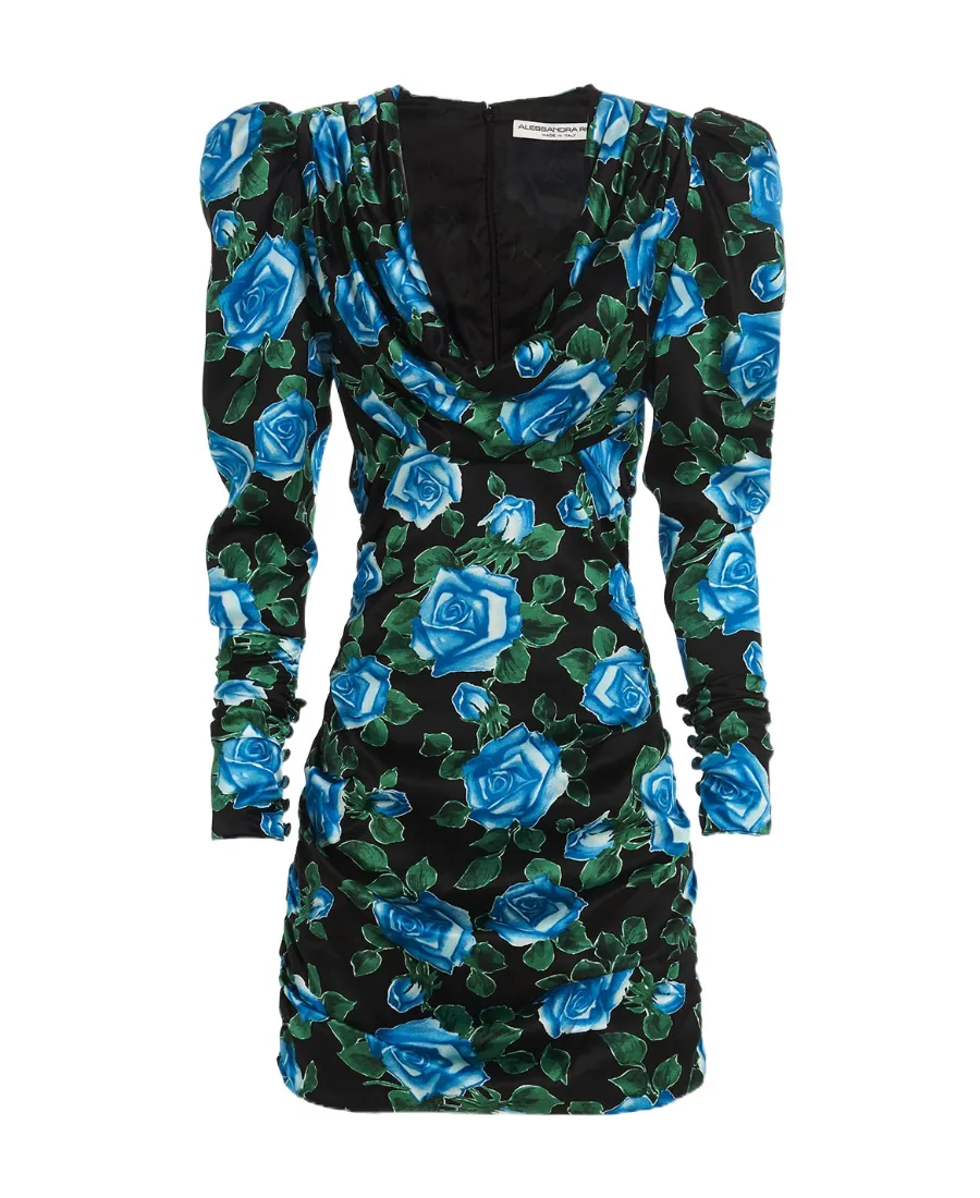 Rose Printed Satin Draped Mini Dress